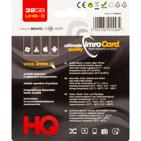 Imro microSDHC Memory Card with Adapter, 32Gb, Class 10 / UHS-1 U3