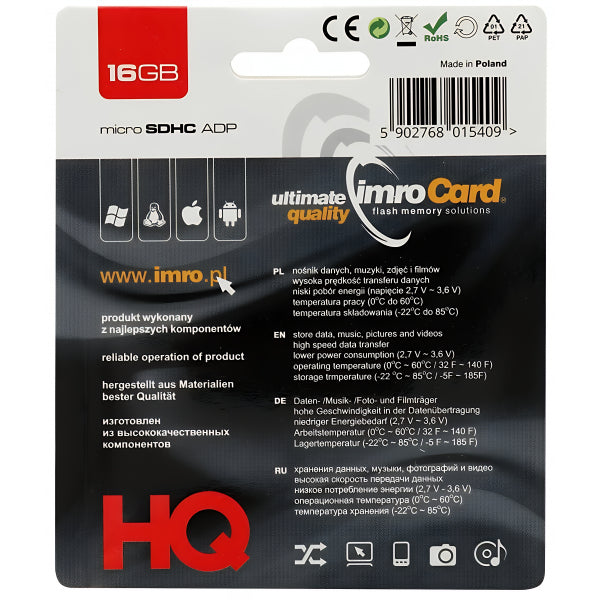 Imro microSDHC Memory Card with Adapter, 16Gb, Class 4