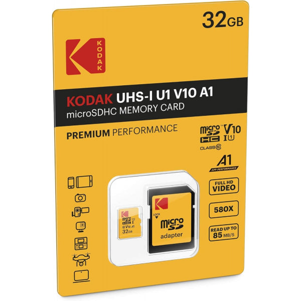 Kodak microSDHC Memory Card Premium Performance with Adapter, 32Gb, Class 10 / UHS-1 U1 EKMSDM32GHC10K