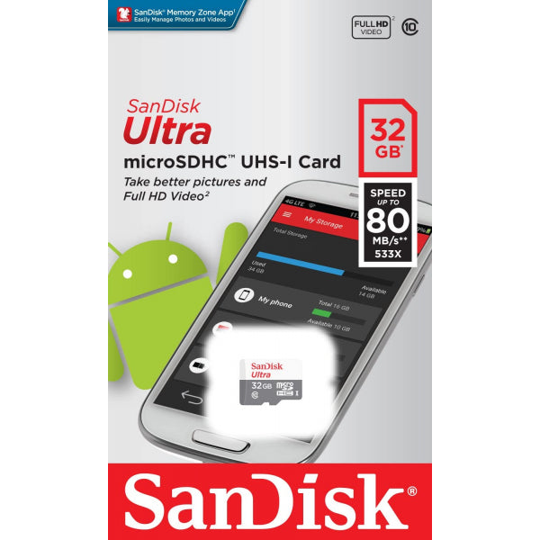 SanDisk microSDHC Memory Card Ultra, 32Gb, Class 10 SDSQUNR-032G-GN3MN
