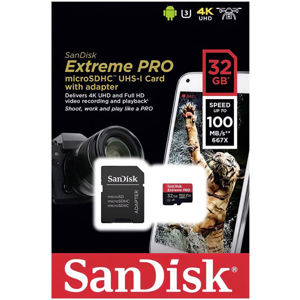 SanDisk microSDHC Memory Card Extreme Pro with Adapter, 32Gb, Class 10 / UHS-1 U3 SDSQXCG-032G-GN6MA