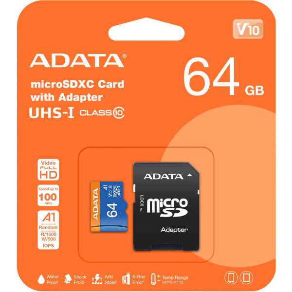Adata microSDXC Memory Card with Adapter, 64Gb, Class 10 / UHS-1 U1 AUSDX64GUICL10A1-RA1