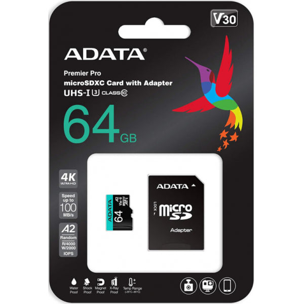 Adata microSDXC Memory Card Premier Pro with Adapter, 64Gb, Class 10 / UHS-1 U3 AUSDX64GUI3V30SA2-RA1