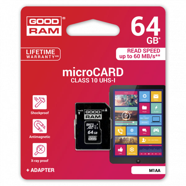 GoodRam microSDXC Memory Card with Adapter, 64Gb, Class 10 / UHS-1 U1 M1AA-0640R12