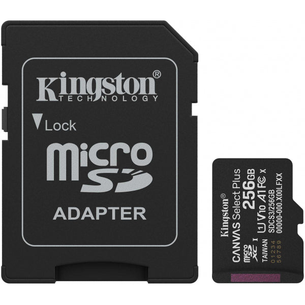 Kingston microSDXC Memory Card Canvas Select Plus Android A1 with Adapter, 256Gb, Class 10 / UHS-1 U1 SDCS3/256GB