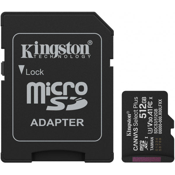 Kingston microSDXC Memory Card Canvas Select Plus Android A1 with Adapter, 512Gb, Class 10 / UHS-1 U3 SDCS3/512GB