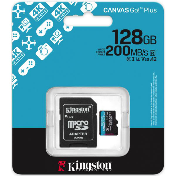 Kingston microSDXC Memory Card Canvas Go Plus Android A2 with Adapter, 128Gb, Class 10 / UHS-1 U3 SDCG4/128GB