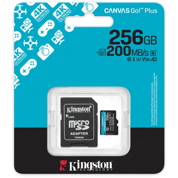 Kingston microSDXC Memory Card Canvas Go Plus Android A2 with Adapter, 256Gb, Class 10 / UHS-1 U3 SDCG4/256GB