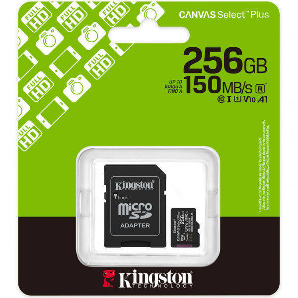 Kingston microSDXC Memory Card Canvas Select Plus Android A1 with Adapter, 256Gb, Class 10 / UHS-1 U1 SDCS3/256GB