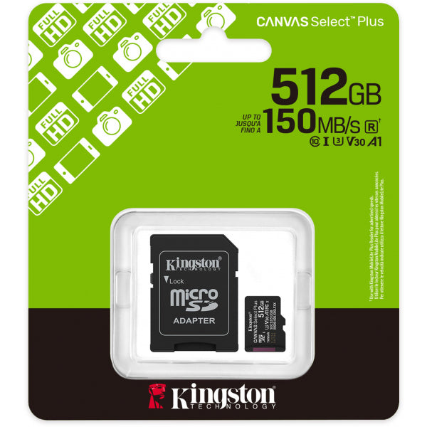 Kingston microSDXC Memory Card Canvas Select Plus Android A1 with Adapter, 512Gb, Class 10 / UHS-1 U3 SDCS3/512GB