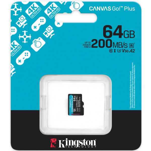 Kingston microSDXC Memory Card Canvas Go Plus Android A2, 64Gb, Class 10 / UHS-1 U3 SDCG4/64GBSP