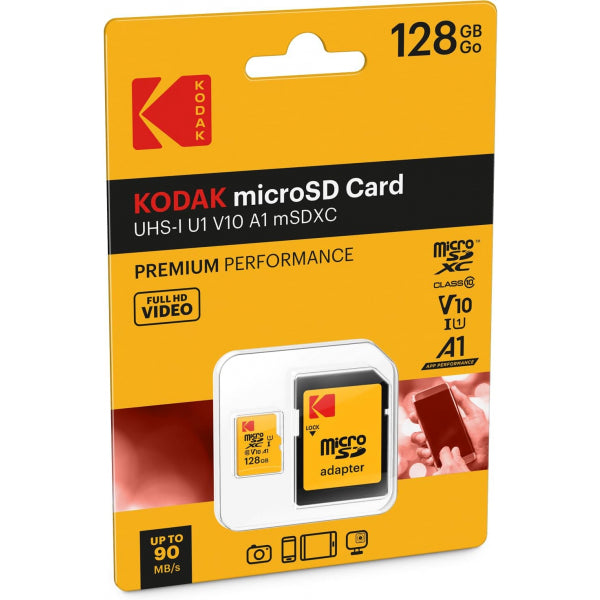 Kodak microSDXC Memory Card Premium Performance with Adapter, 128Gb, Class 10 / UHS-1 U1 EKMSDM128GXC10K