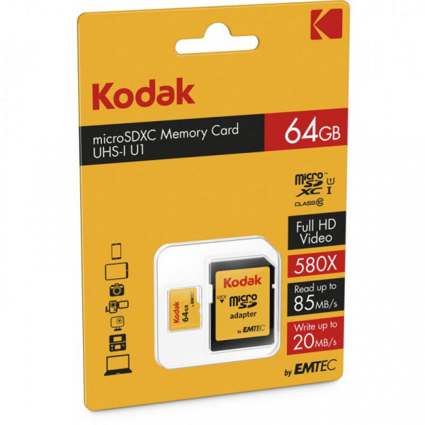 Kodak microSDXC Memory Card with Adapter, 64Gb, Class 10 / UHS-1 U1 EKMSDM64GXC10K