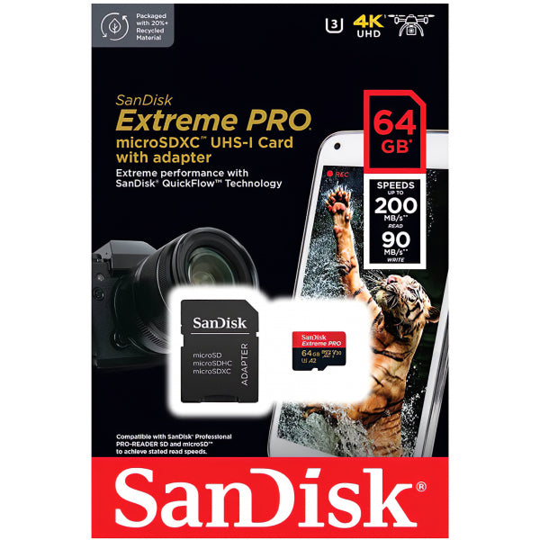 SanDisk microSDXC Memory Card Extreme Pro with Adapter, 64Gb, Class 10 / UHS-1 U3 SDSQXCU-064G-GN6MA