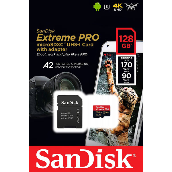 SanDisk microSDXC Memory Card Extreme Pro with Adapter, 128Gb, Class 10 / UHS-1 U3 SDSQXCD-128G-GN6MA
