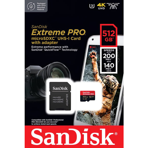 SanDisk microSDXC Memory Card Extreme Pro with Adapter, 512Gb, Class 10 / UHS-1 U3 SDSQXCD-512G-GN6MA