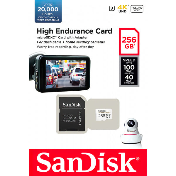 SanDisk microSDXC Memory Card High Endurance with Adapter, 256Gb, Class 10 / UHS-1 U3 SDSQQNR-256G-GN6IA