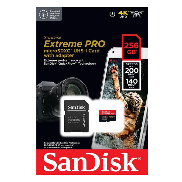 SanDisk microSDXC Memory Card Extreme Pro with Adapter, 256Gb, Class 10 / UHS-1 U3 SDSQXCD-256G-GN6MA