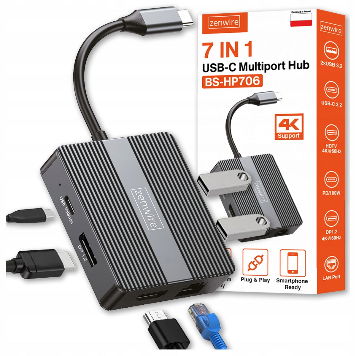 Hub USB-C 7-en-1 : adaptateur USB 3.0, HDMI 4K 60 Hz, DisplayPort, Gigabit RJ-45 1000 M, Zenwire BS-HP706