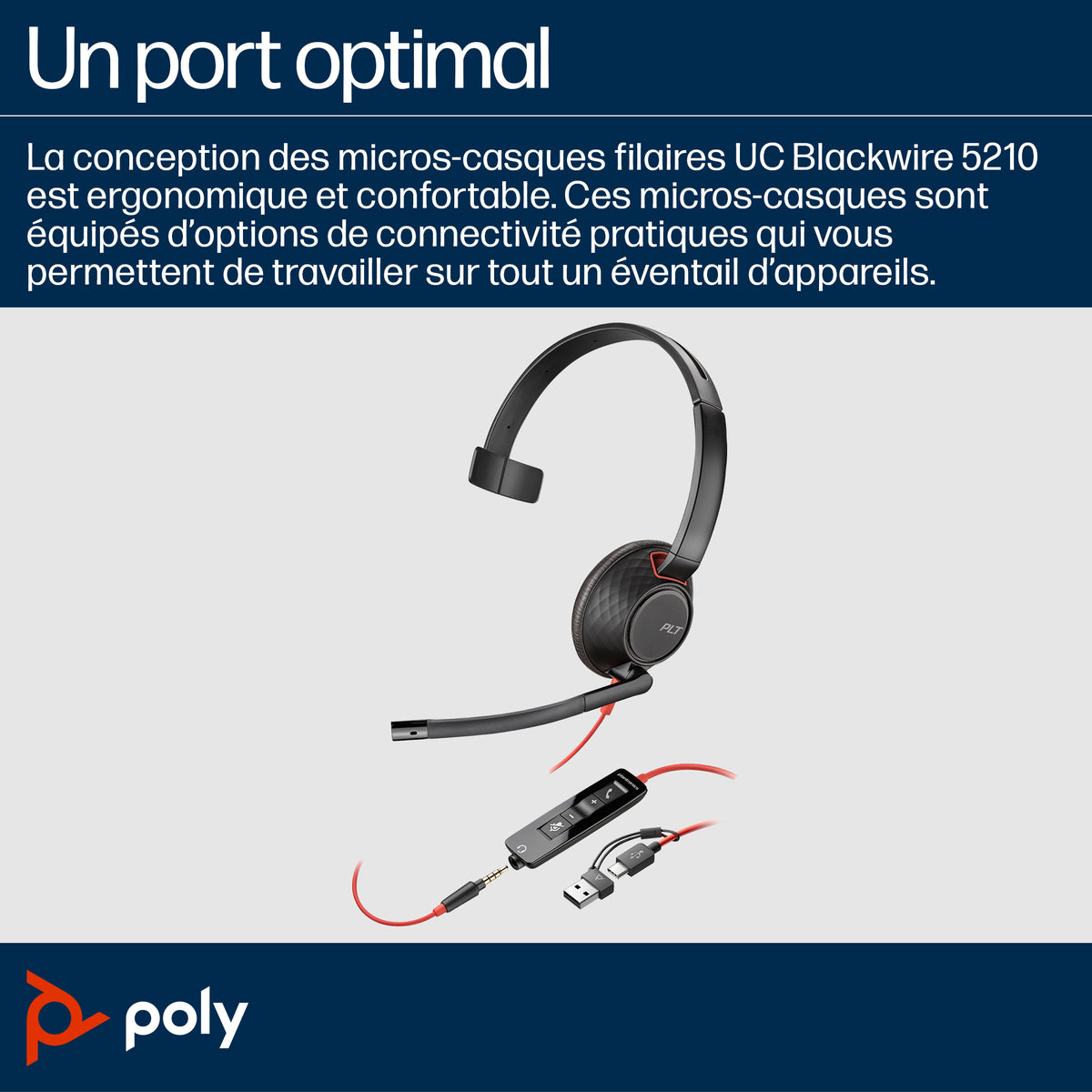 HP Poly Blackwire 5210 Micro-casque Monaural USB-C, Prise 3,5 mm et Adaptateur USB-C/A