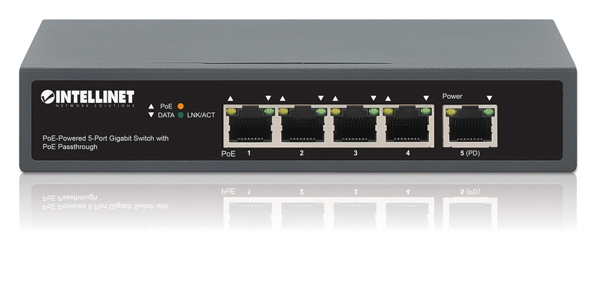 Intellinet Commutateur Réseau Gigabit 5 Ports PoE Passthrough, 1 Port PD PoE++ 95W, 4 Ports PSE, Budget 65W