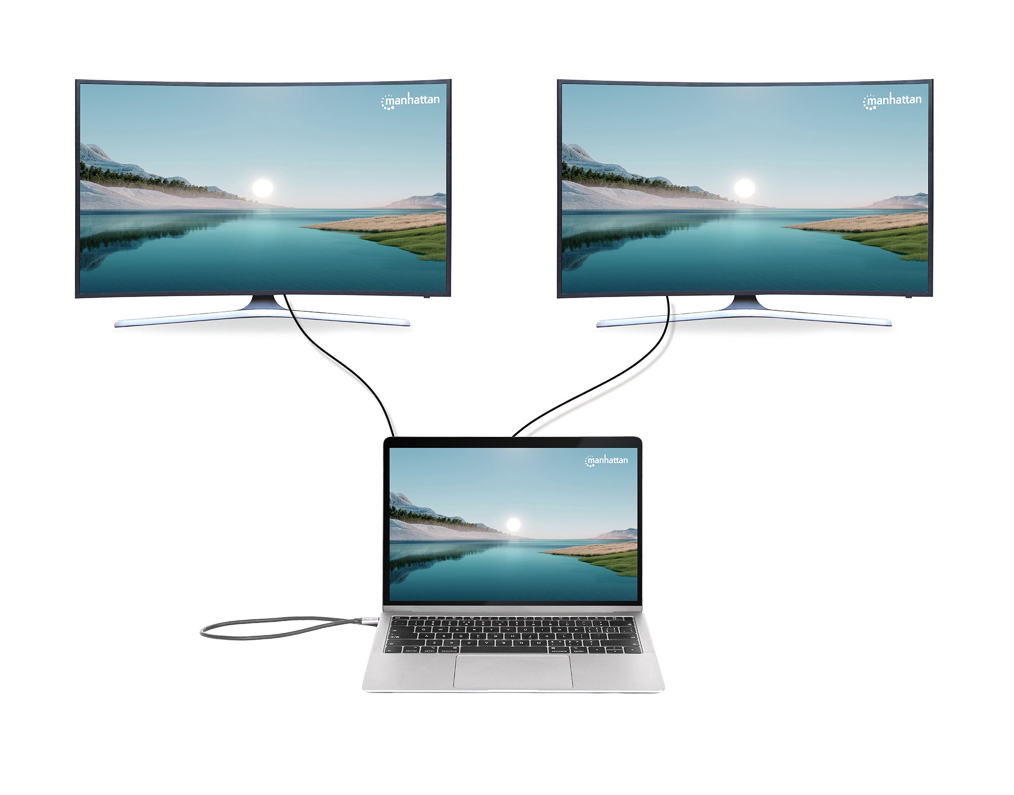 Manhattan Dock/hub USB-C avec lecteur de cartes et MST, 7 ports : Ethernet, 2x HDMI 4K@60Hz, 3x USB-A + USB-C, avec PD 100W - nécessite un chargeur USB-C externe (non inclus). Alimenté par USB (aucune alimentation externe requise) lorsque le PD n’est