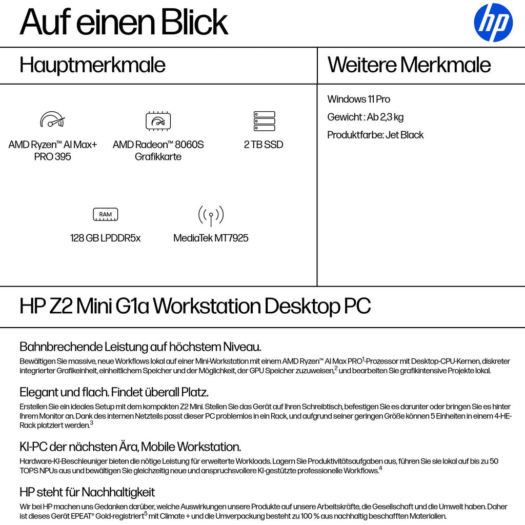 HP Workstation Z2 G1a Mini Ryzen AI Max+ Pro 395 128GB 2TB AMD Radeon 8060S Windows 11 Pro