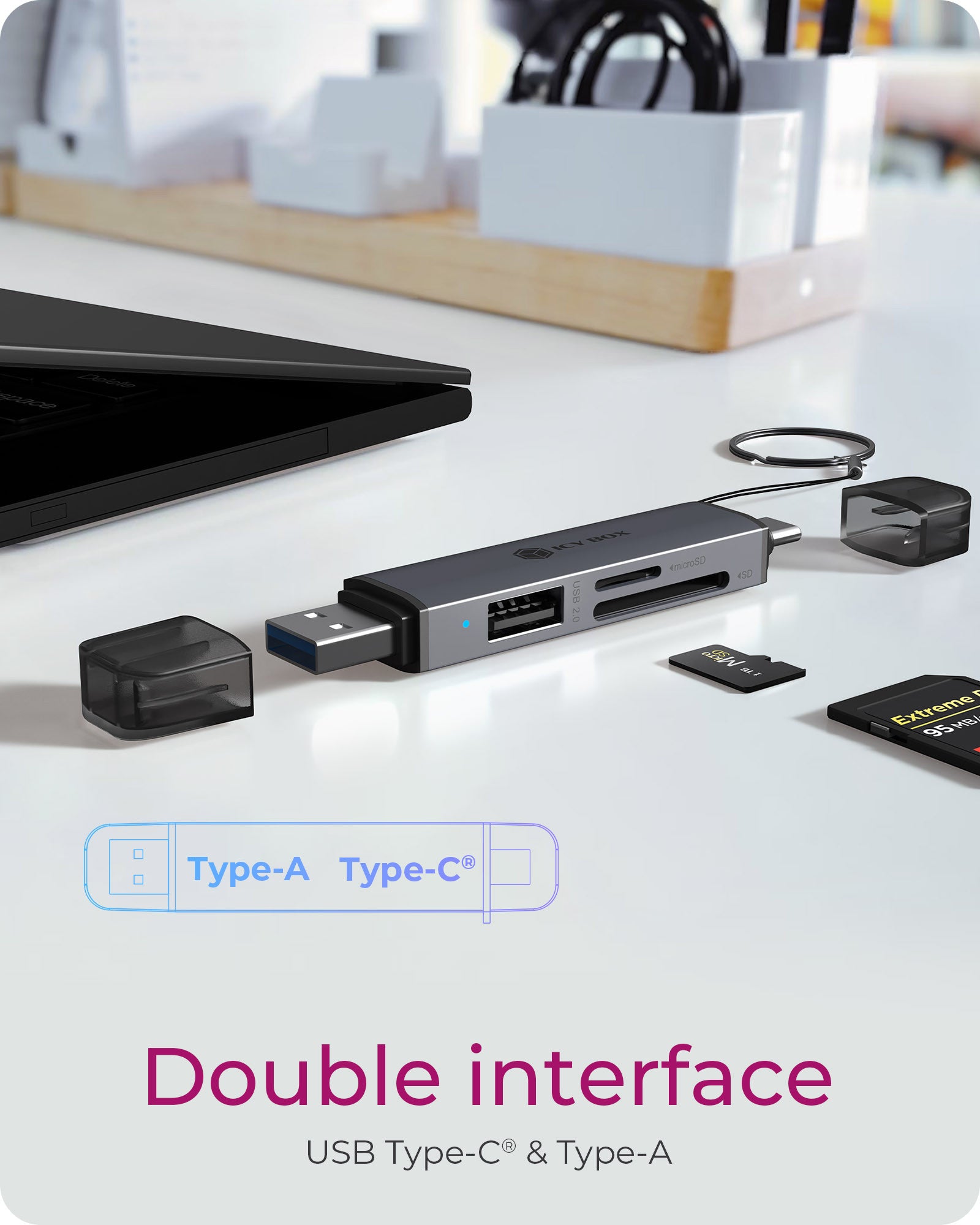 ICY BOX Lecteur de cartes 3 en 1 via l'interface USB Type-A & USB Type-C