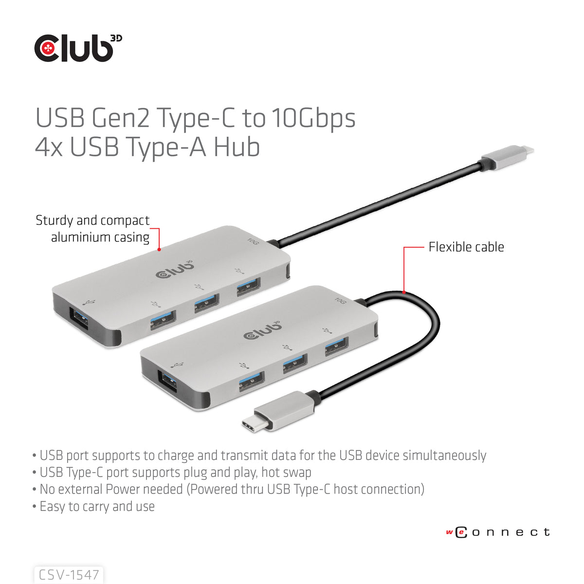 CLUB3D Hub USB-C vers 4 ports USB-A, Transfert Rapide 10Gbps