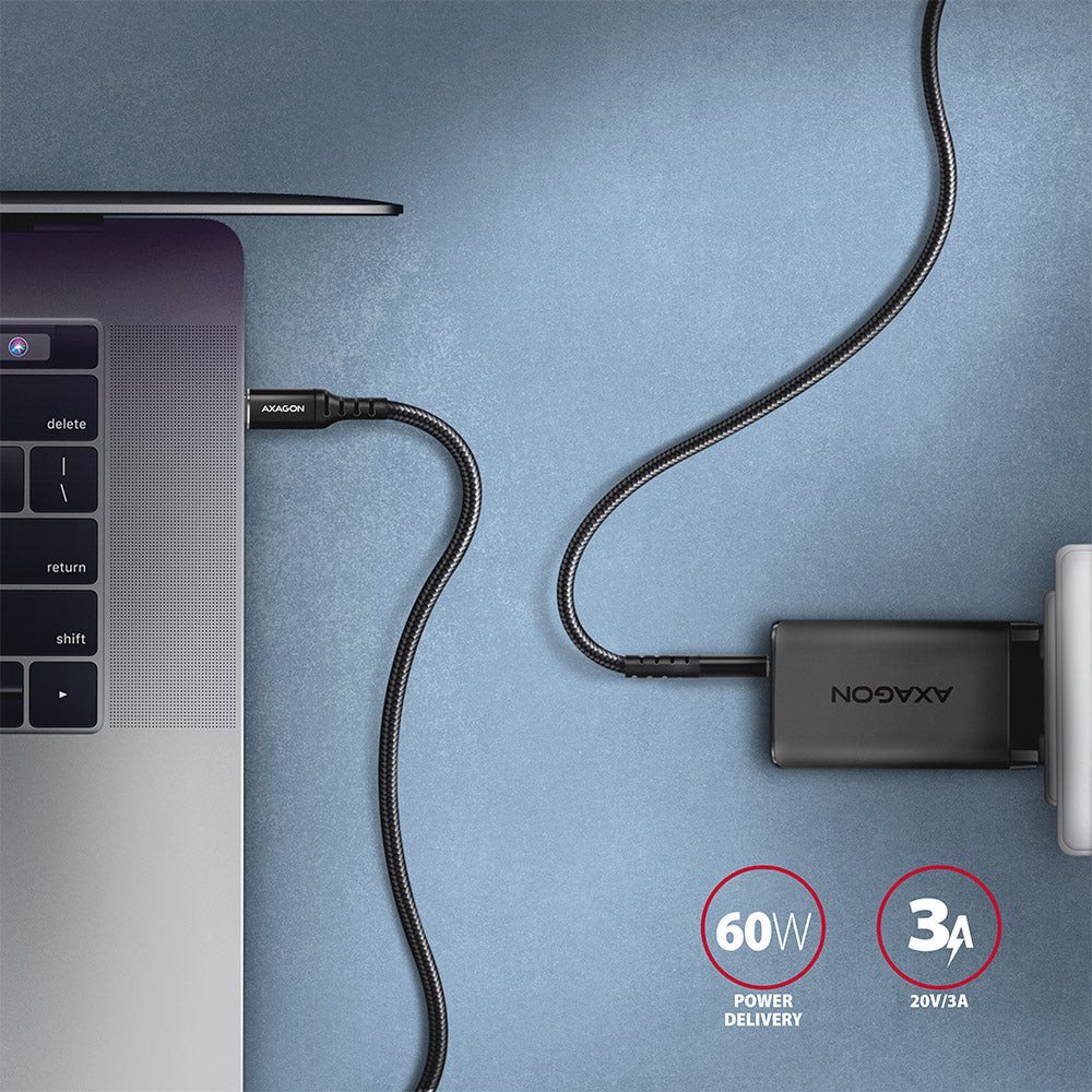 Axagon Data and charging USB 2.0 cable 1.5 m long. PD 60W, 3A. Black braided. câble USB 1,5 m USB C 0,48 Gbit/s Noir