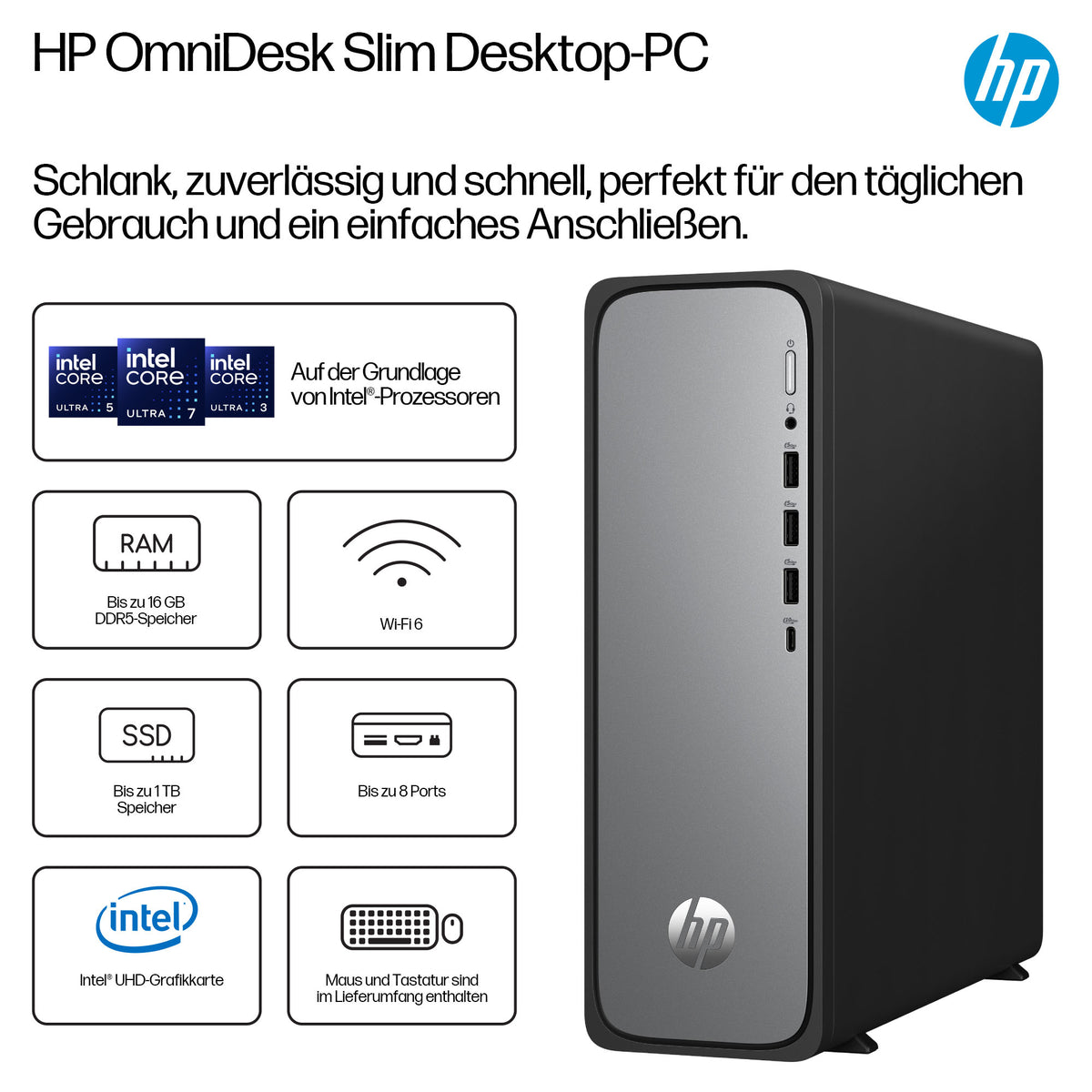 HP OmniDesk S03-0153ng Tynd, Intel Core i5-14400, 16GB RAM, 512GB SSD, Intel UHD Graphics 730, Windows 11 Home