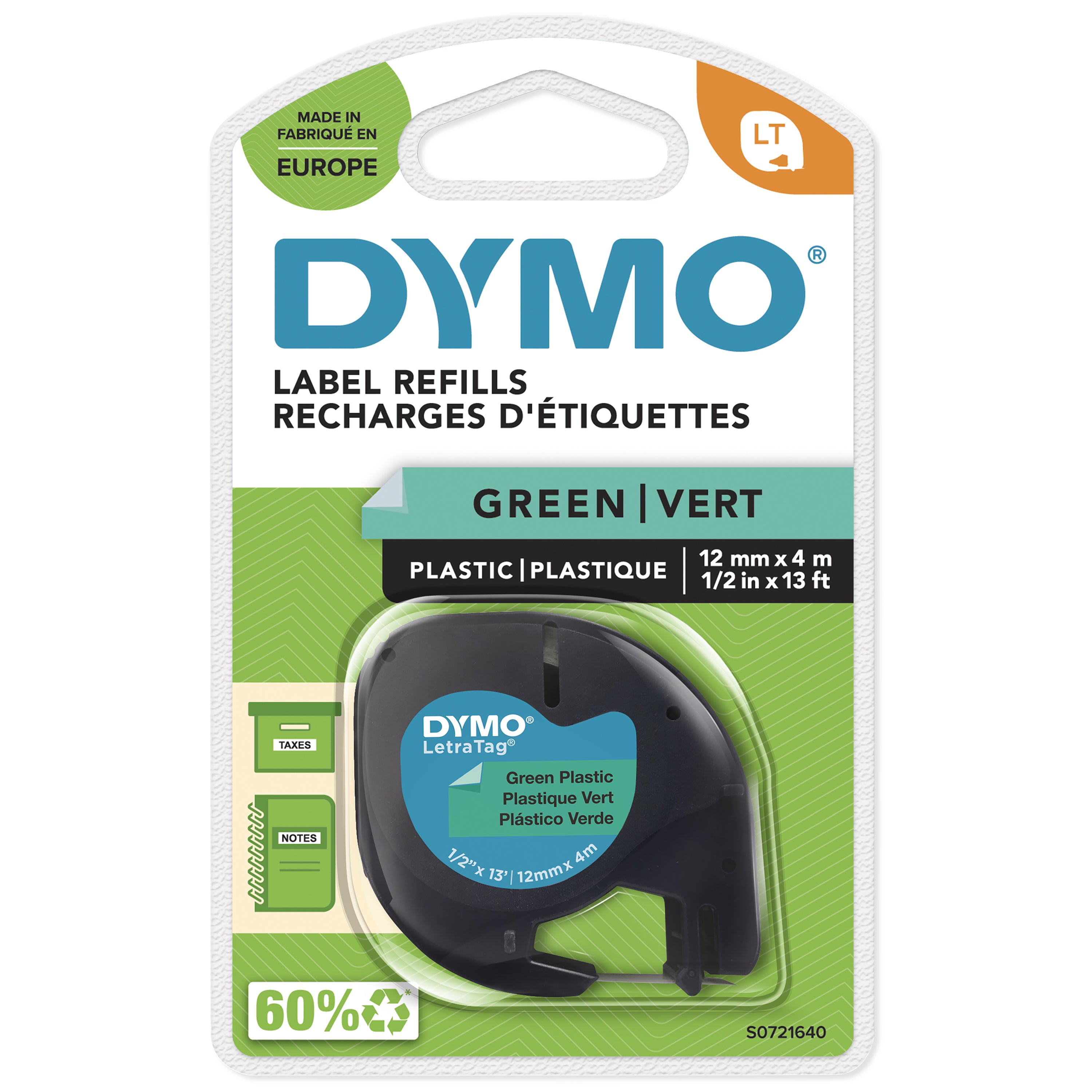 DYMO LetraTag Étiquettes en plastique Authentique | 12 mm x 4 m | impression en noir sur fond vert | Étiquettes autocollantes pour étiqueteuse LetraTag