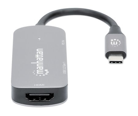Manhattan Dock/hub USB-C, 3 ports : HDMI, USB-A, USB-C, avec Power Delivery (PD) 100 W - nécessite un chargeur USB-C externe (non inclus). Alimenté par USB (aucune alimentation externe requise) lorsque le PD n’est pas utilisé, aluminium