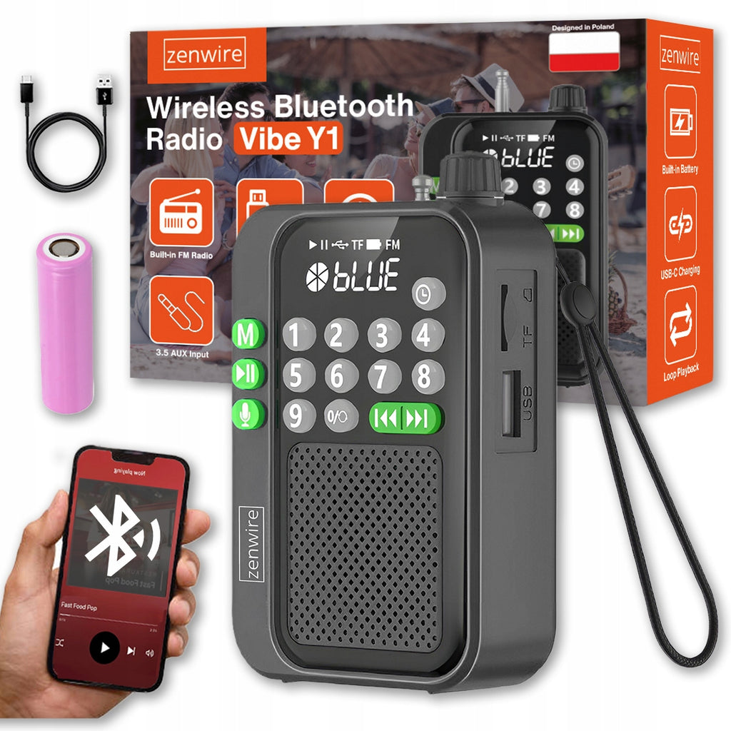 Mini radio FM de poche Bluetooth portable pour le chantier ou la cuisine, fonctionnant sur piles - Zenwire Y1