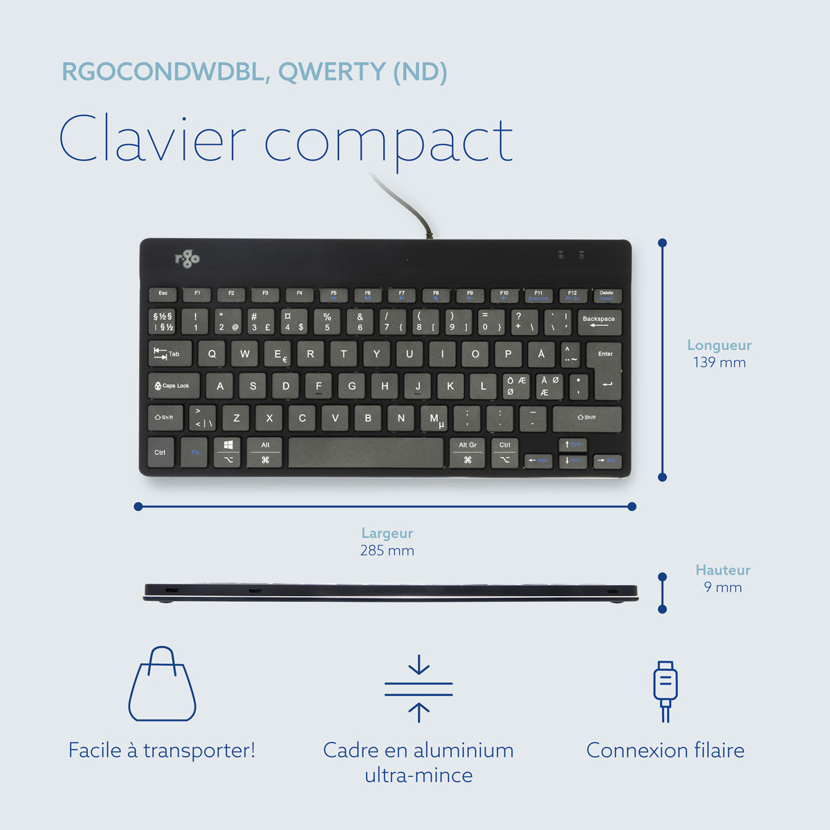 R-Go Tools Clavier Ergonomique Compact Break, QWERTY Nordic, Filaire, Noir