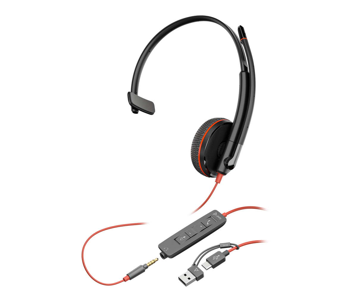 HP Poly Micro-casque Poly Blackwire 3215 monaural USB-C + connexion 3,5 mm + adaptateur USB-C/A