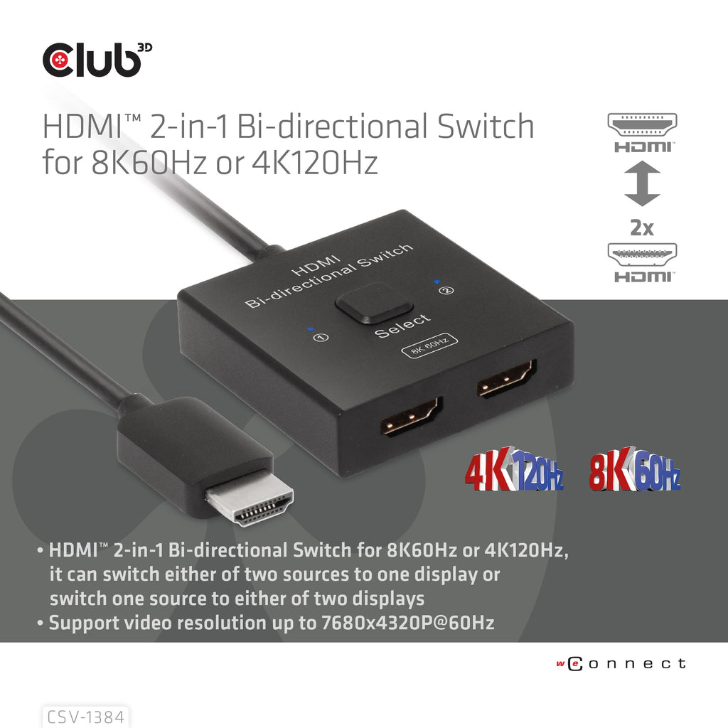 CLUB3D CSV-1384 Commutateur KVM Écran, Clavier et Souris, HDMI 8K Ultra HD, Noir
