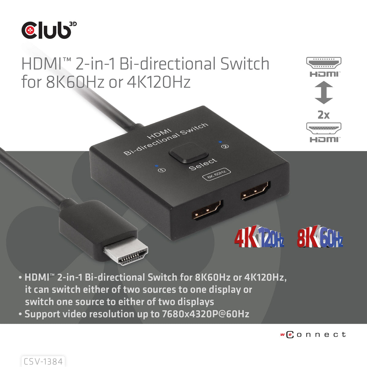 CLUB3D CSV-1384 Commutateur KVM Écran, Clavier et Souris, HDMI 8K Ultra HD, Noir