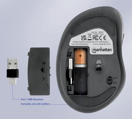 Manhattan Souris Ergonomique Sans Fil, DPI Réglable 800/1200/1600, Récepteur USB-A et USB-C, 6 Boutons, Noire