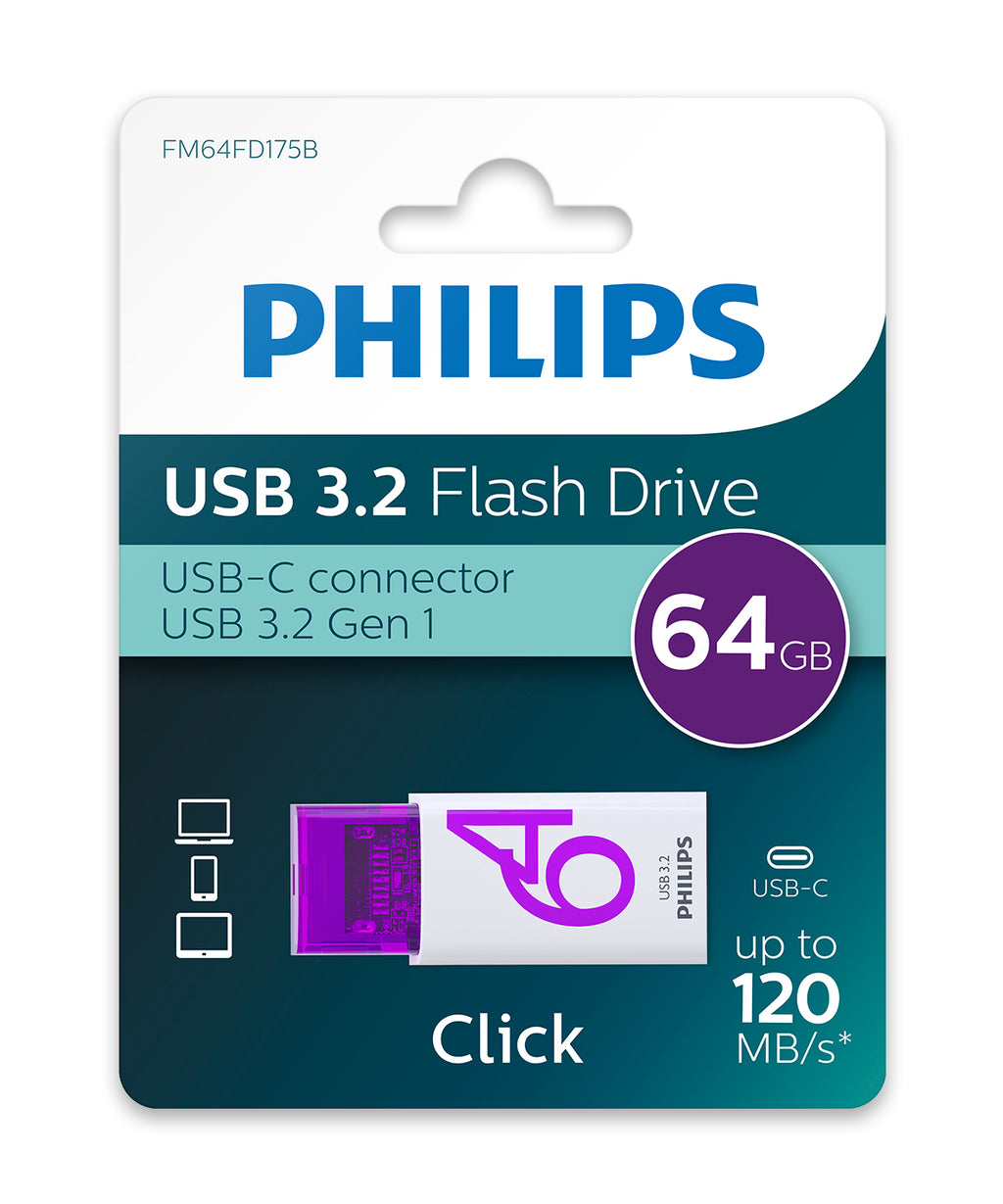 Philips Click lecteur USB flash 64 Go USB Type-C 3.2 Gen 1 (3.1 Gen 1) Violet, Blanc