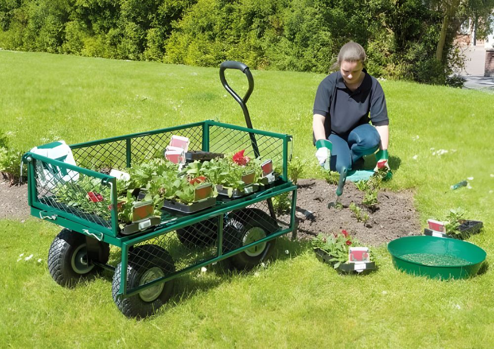 WÓZEK TRANSPORTOWY OGRODOWY 200 KG OTWIERANE BURTY DUŻE POMPOWANE KOŁA