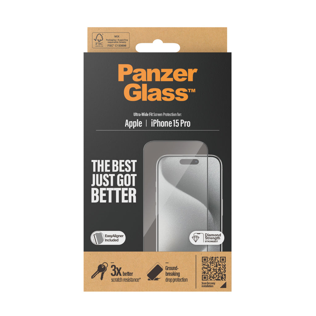 PanzerGlass ® Screen Protector iPhone 15 Pro | Ultra-Wide Fit w. EasyAligner Protection d'écran transparent Apple 1 pièce(s)