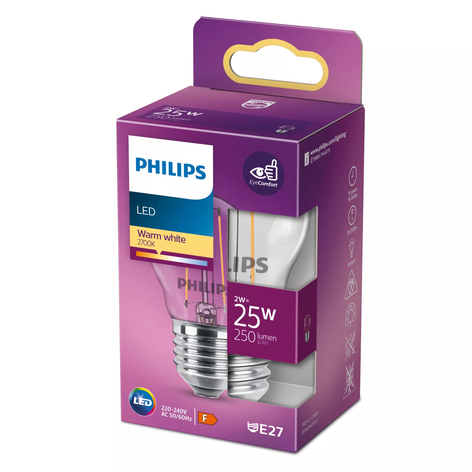 Philips Ampoule flamme transparente à filament 25W P45 E27