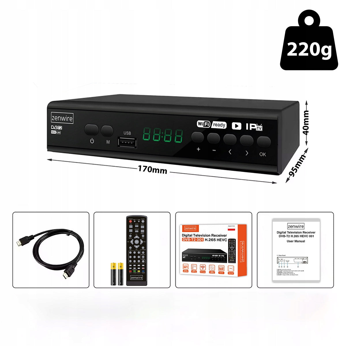 Récepteur satellite DVB-T2 HEVC H.265 Full HD pour la télévision terrestre avec port USB, Zenwire DVB-T2 001