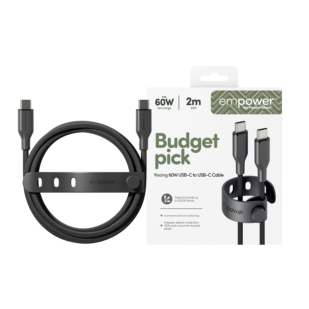 PanzerGlass empower™ by ® Racing 60W USB-C to USB-C Cable | USB 2.0 | 2M | Space Black câble USB Noir