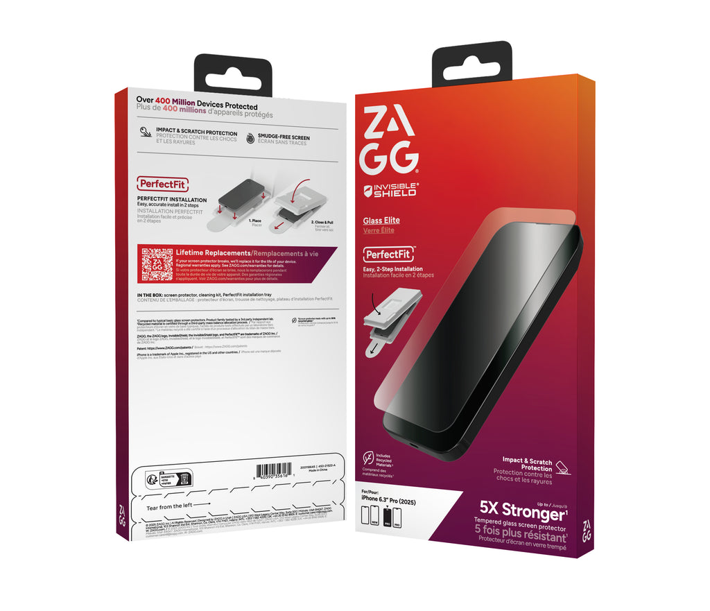 InvisibleShield Glass Elite Protection d'écran en verre trempé pour iPhone 17 Pro, Transparent