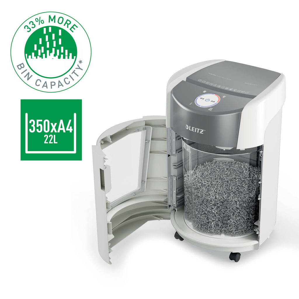 Leitz IQ OptiMax Small Office 350 destructeur de papier Découpage par micro-broyage 58 dB 22,3 cm Gris, Blanc