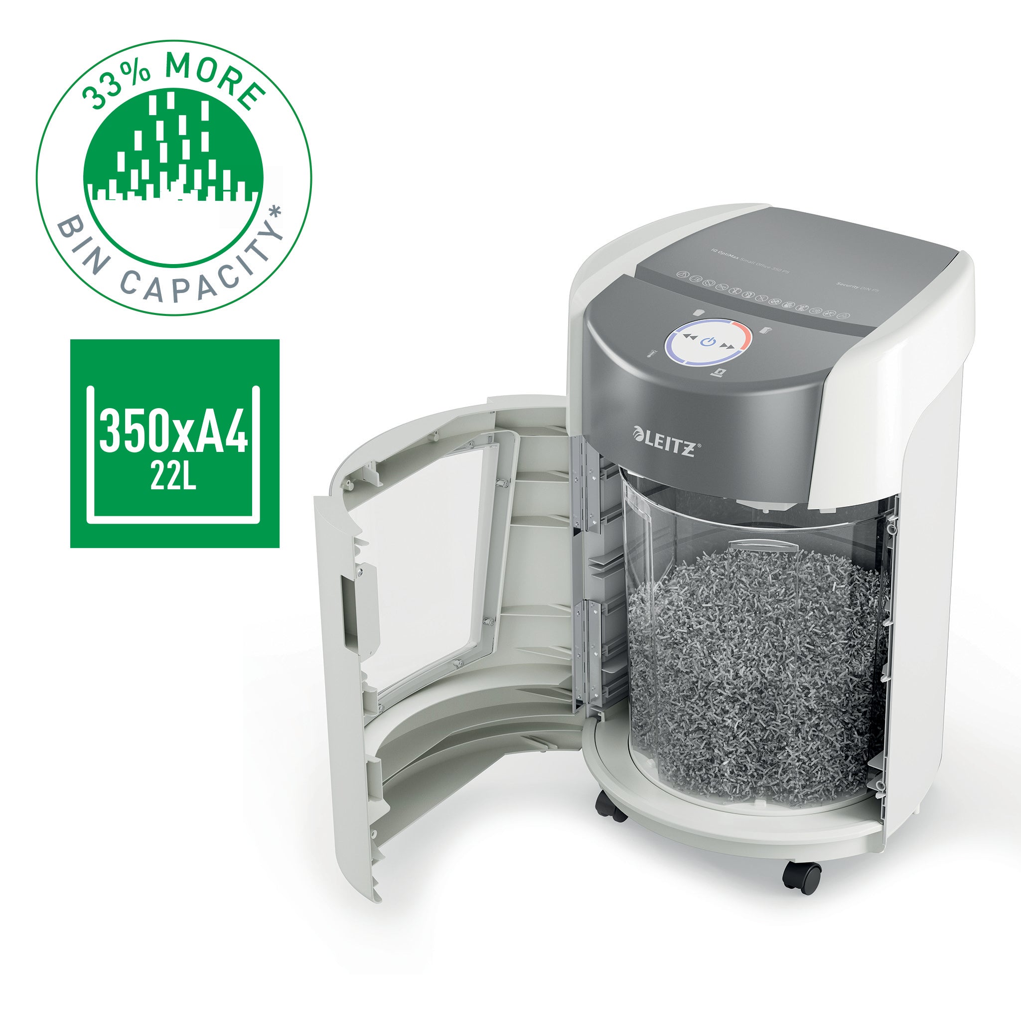 Leitz IQ OptiMax Small Office 350 destructeur de papier Découpage par micro-broyage 58 dB 22,3 cm Gris, Blanc