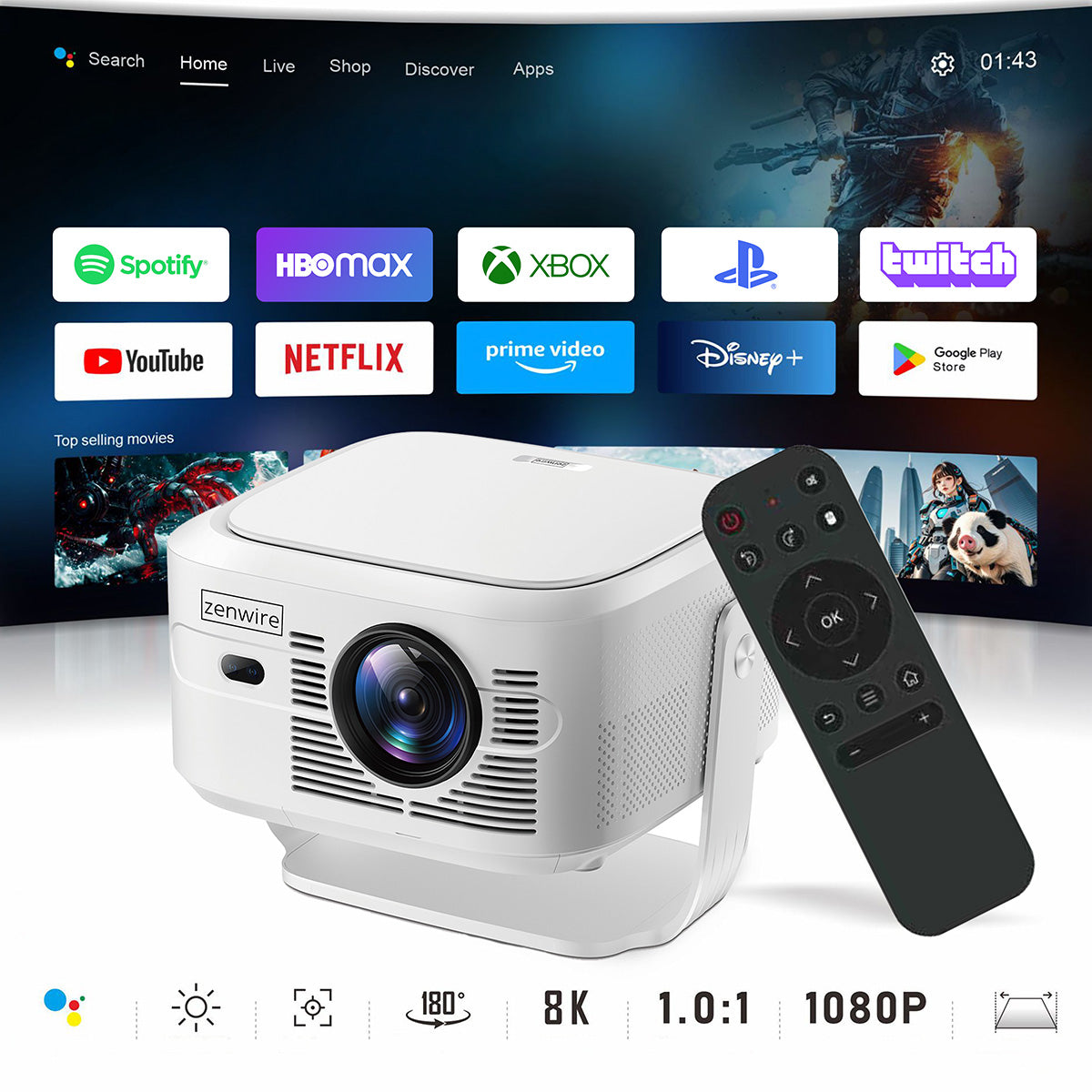 Mini-projecteur portable Android 14 avec Wi-Fi, Full HD, 4K et 8K pour téléphone Zenwire PrimeView IMC460 Pro
