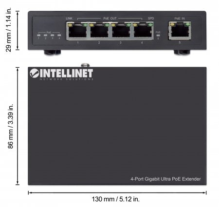 Intellinet Prolongateur Ultra PoE Gigabit 4 ports, Extension 100m, Budget 90W, IEEE 802.3bt/at/af, Boîtier Métal